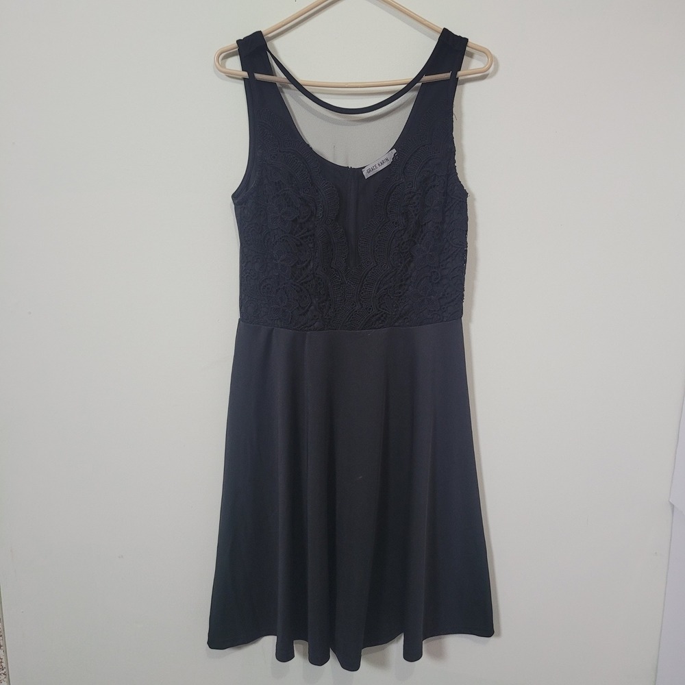 Grace Karin‎ Large Skater Dress Womens Black Lace Illusion Neckline Cocktail